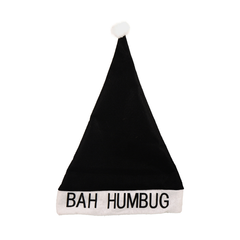 A black Santa Claus hat that says 'Bah Humbug'