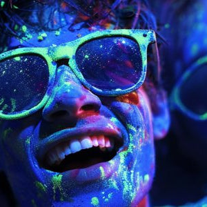 UV colour powder on tarmac, glowing under blacklight