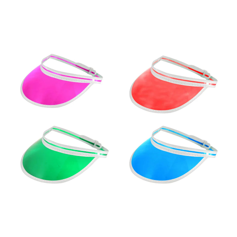 Four colorful visors in pink, red, green, and blue on a white background.