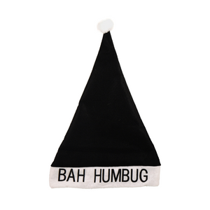 A black Santa Claus hat that says 'Bah Humbug'