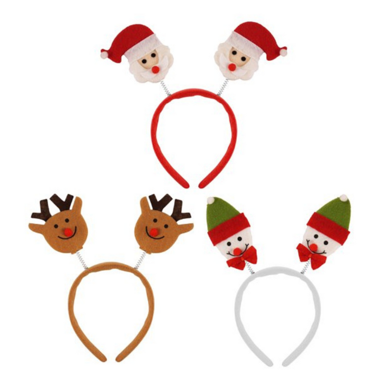 Head bopper Headband featuring Santa Claus, Rudolf the reindeer, or snowman in an elf hat.