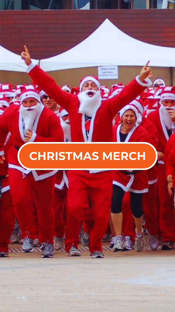 Group of people in red Santa Claus outfits with a 'Christmas Merch' label.