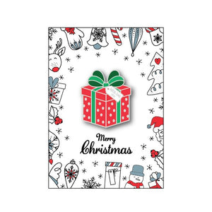 Christmas-themed badge with a red gift box on a white background.