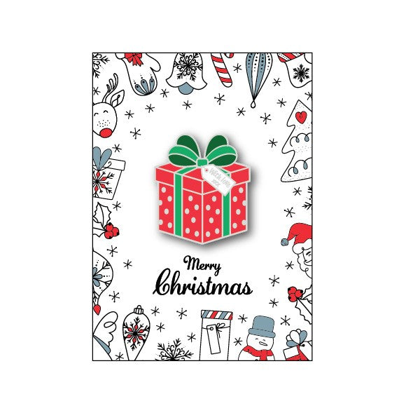 Christmas-themed badge with a red gift box on a white background.