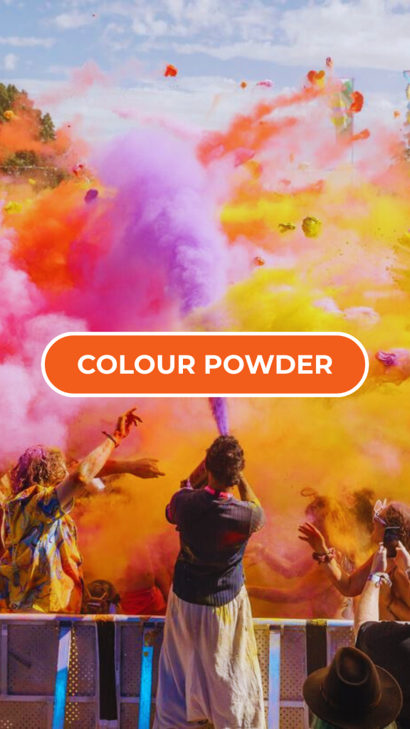 People playing with colorful powder in at a festival with 'COLOUR POWDER' text overlay.