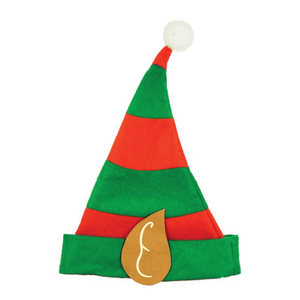 A green and red elf hat with elf ears.