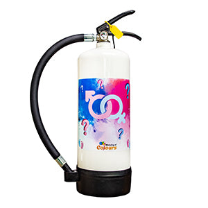 A white gender reveal colour fountain with a blue and pink design and a black hose attached.