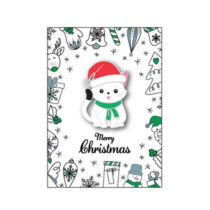 Christmas-themed badge with a cat wearing a Santa hat and green scarf, surrounded by festive illustrations.