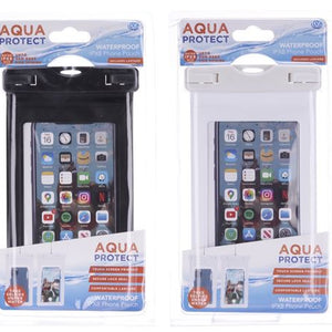 Two packaged waterproof phone pouches with the brand name 'Aqua Protect' displayed on the packaging. One pouch is shown in black color and the other in white, both with a transparent window showing a smartphone case inside.