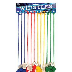 A set of plastic party whistles in various colors with cords, displayed on a hanging card.