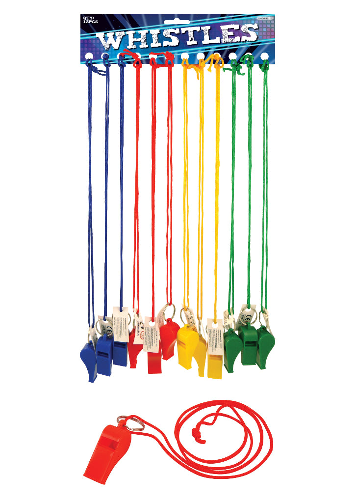 A set of plastic party whistles in various colors with cords, displayed on a hanging card.