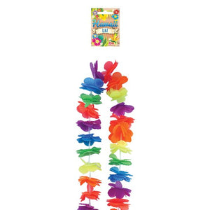 A colorful leis arranged vertically, featuring various bright coloured flowers.