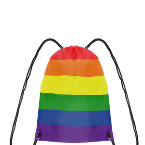 A multicolored drawstring bag with horizontal stripes in rainbow colors.