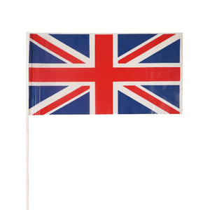 A small handheld Union Jack flag with a plastic stick.