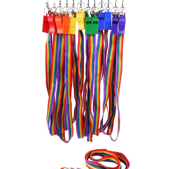 A display of colourful plastic whistles with rainbow colored cords, attached to a hook board.