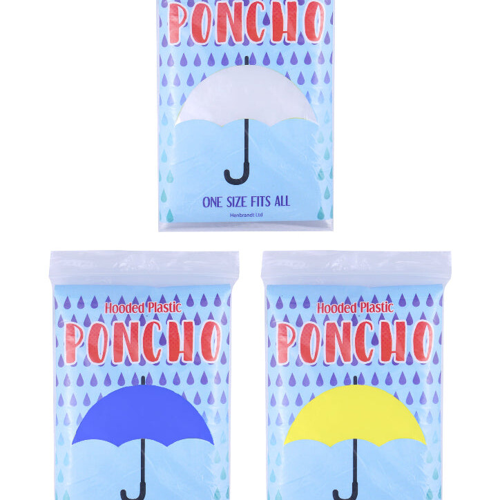 Three packaged waterproof ponchos with one clear, one yellow, and one blue displayed on the packaging, labeled 'PONCHO' with an umbrella icon, indicating different colors inside.