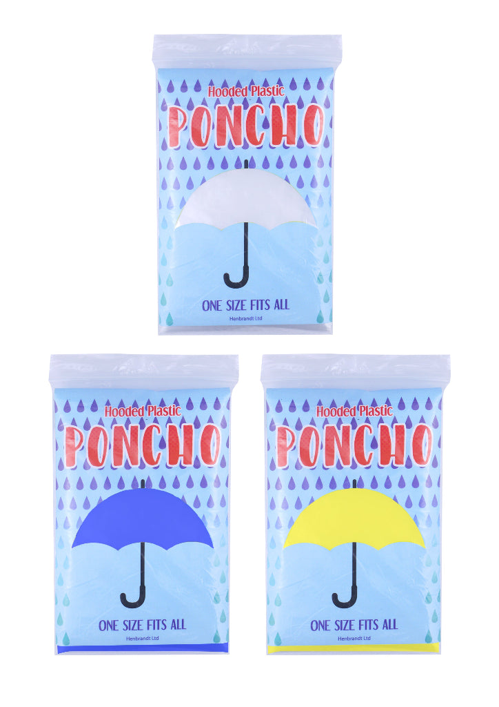 Three packaged waterproof ponchos with one clear, one yellow, and one blue displayed on the packaging, labeled 'PONCHO' with an umbrella icon, indicating different colors inside.