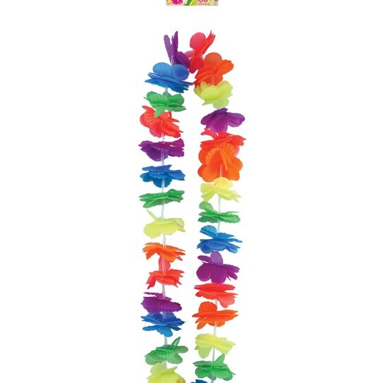 A colorful leis arranged vertically, featuring various bright coloured flowers.