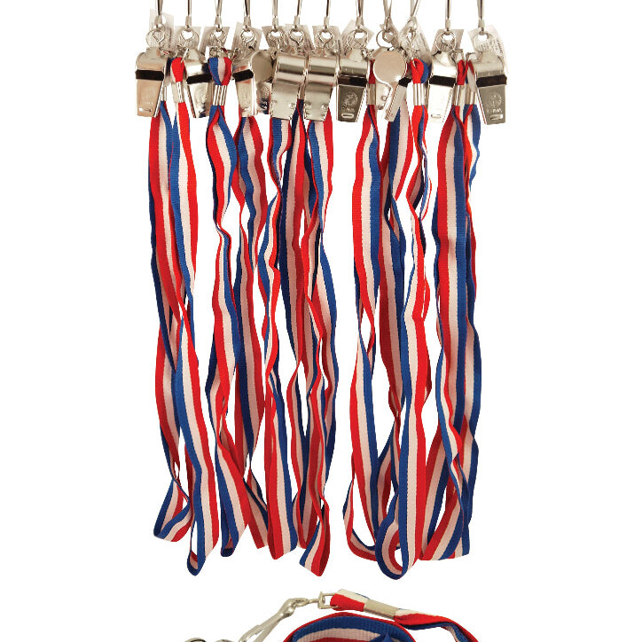 A collection of metal whistles with red, white, and blue striped cords, displayed on a hook.