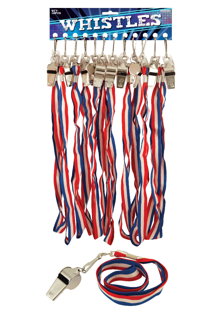 A collection of metal whistles with red, white, and blue striped cords, displayed on a hook.