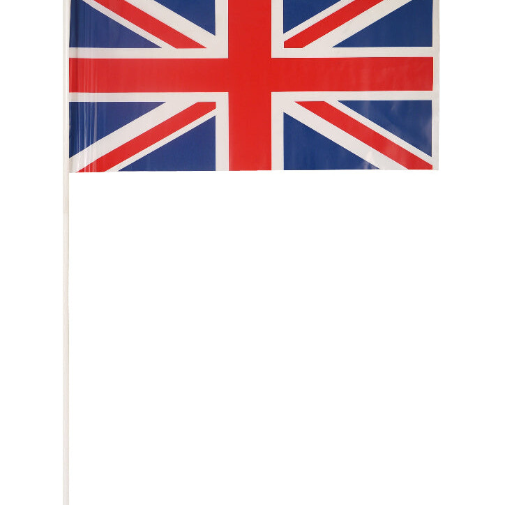 A small handheld Union Jack flag with a plastic stick.