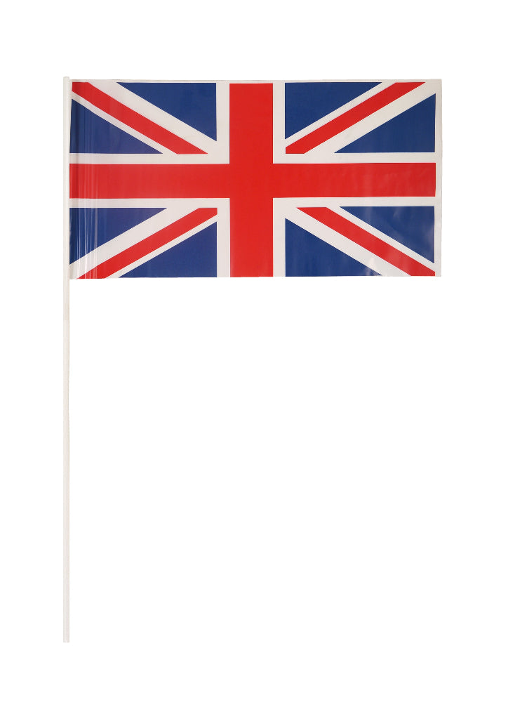 A small handheld Union Jack flag with a plastic stick.