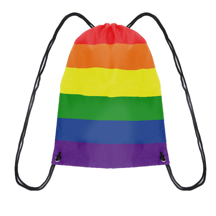 A multicolored drawstring bag with horizontal stripes in rainbow colors.