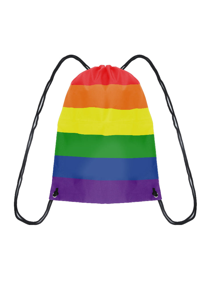 A multicolored drawstring bag with horizontal stripes in rainbow colors.