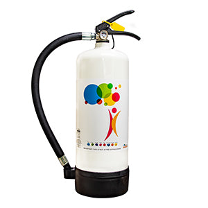 A white colour powder fountain with a black hose and base, featuring a colorful logo on the front.
