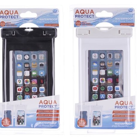 Two packaged waterproof phone pouches with the brand name 'Aqua Protect' displayed on the packaging. One pouch is shown in black color and the other in white, both with a transparent window showing a smartphone case inside.