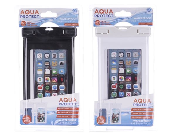 Two packaged waterproof phone pouches with the brand name 'Aqua Protect' displayed on the packaging. One pouch is shown in black color and the other in white, both with a transparent window showing a smartphone case inside.