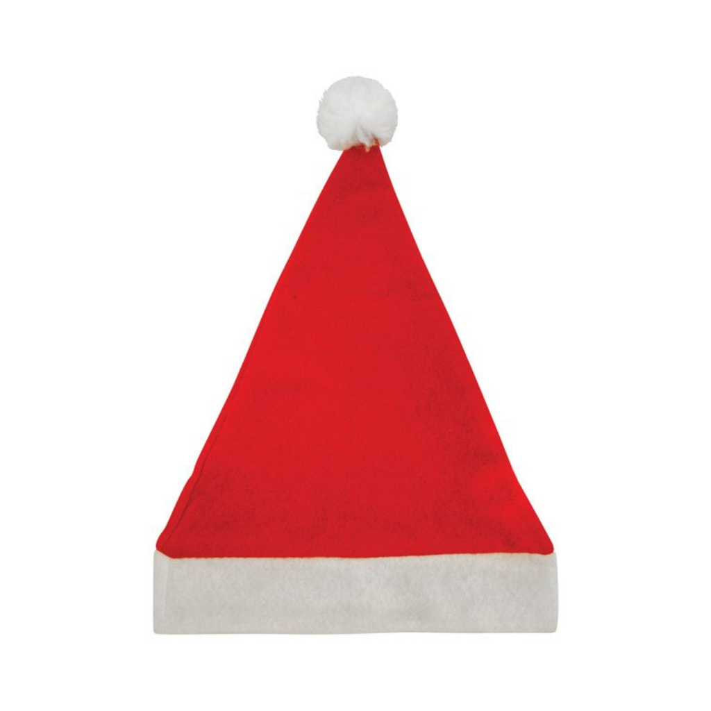 A red and white Santa hat with a fluffy white bobble on top.