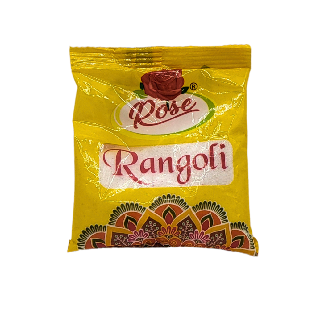 A packet of Rose brand Rangoli dust with Ylang Ylang scent, predominantly yellow packaging with a floral design.