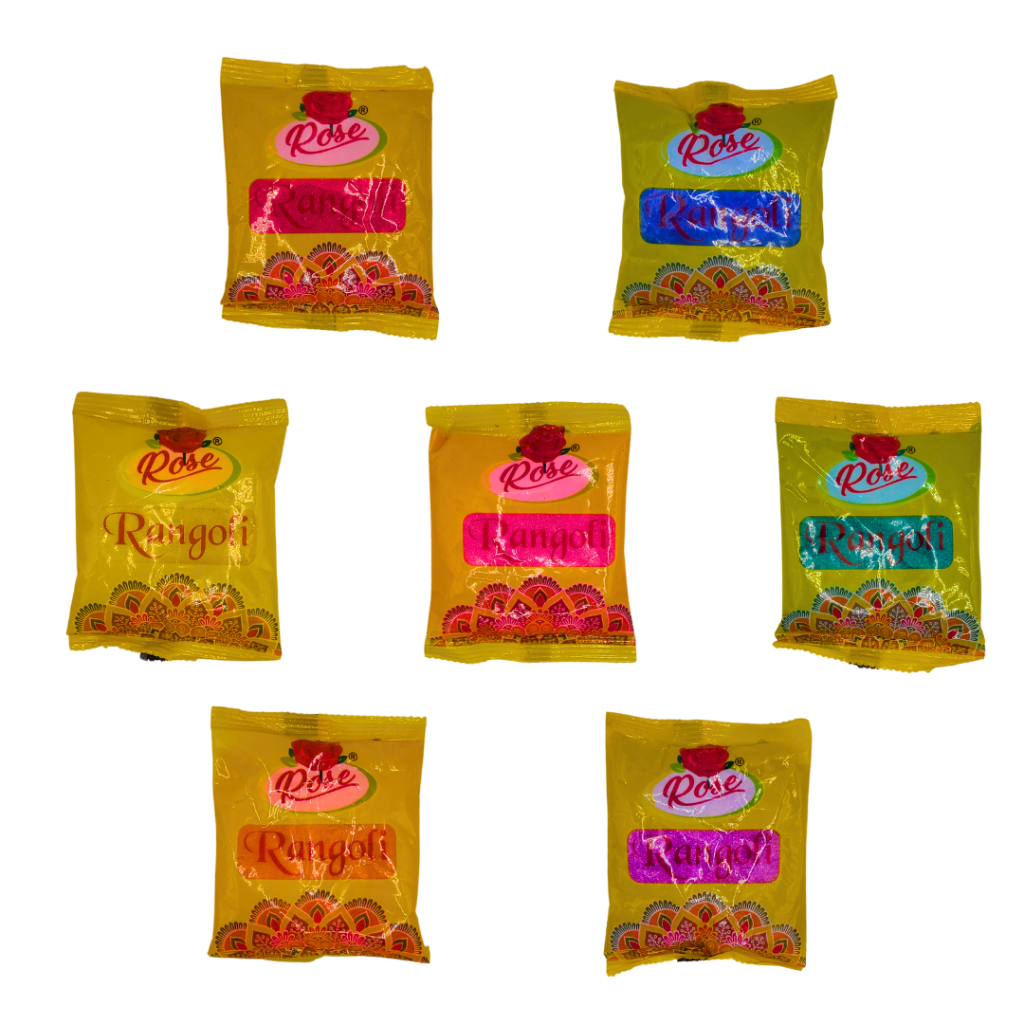 A collection of Rangoli refill colour sachets in various colors.