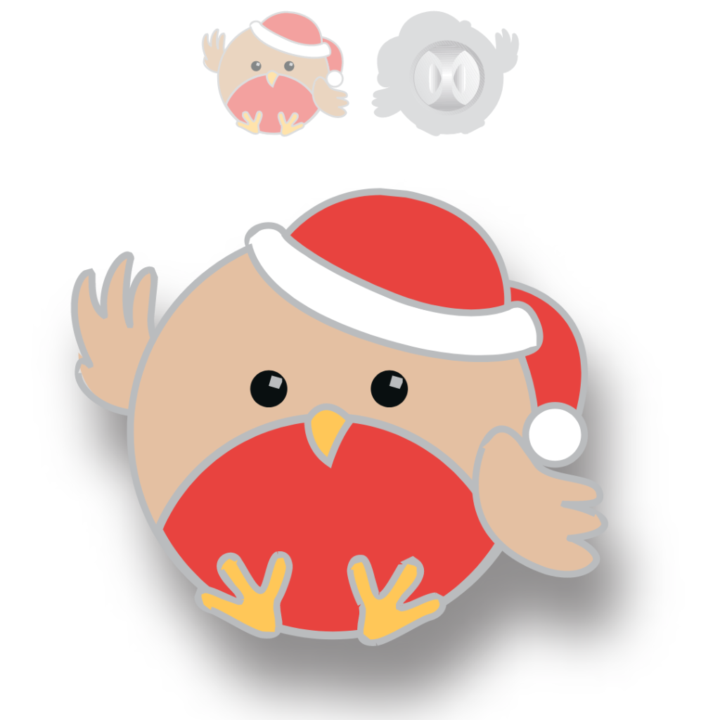 A badge design for a Robin in a Santa hat.