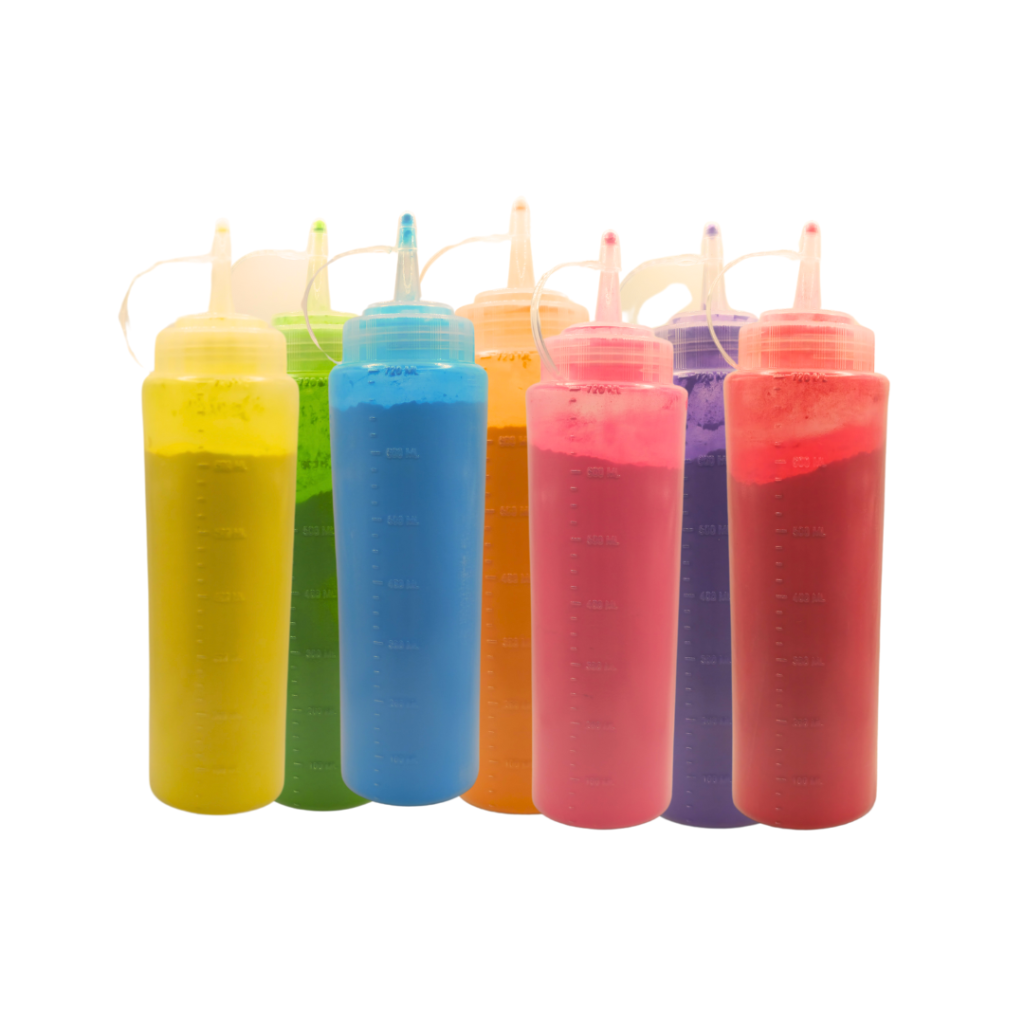 A set of squeeze bottles filled with various colours of powder.