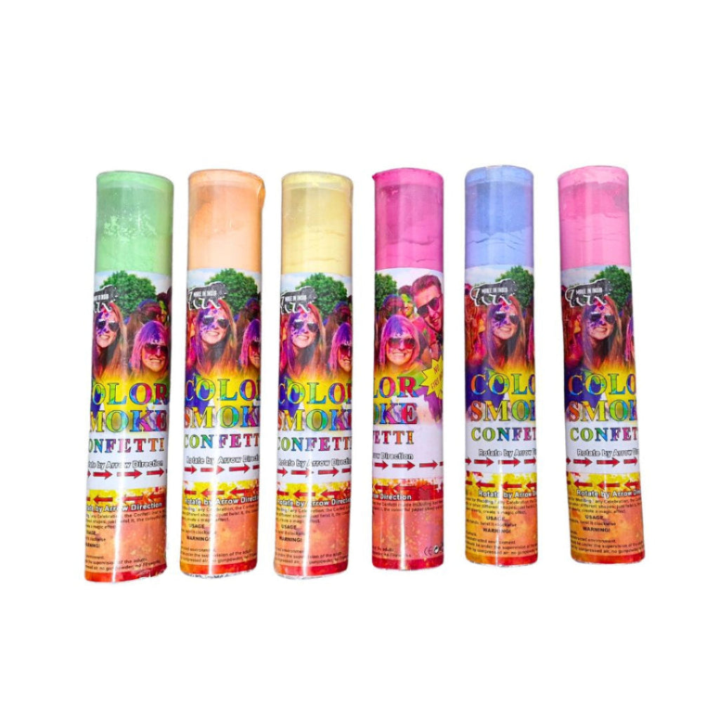Set of six colourful tubes of Colour Powder Confetti on a white background.