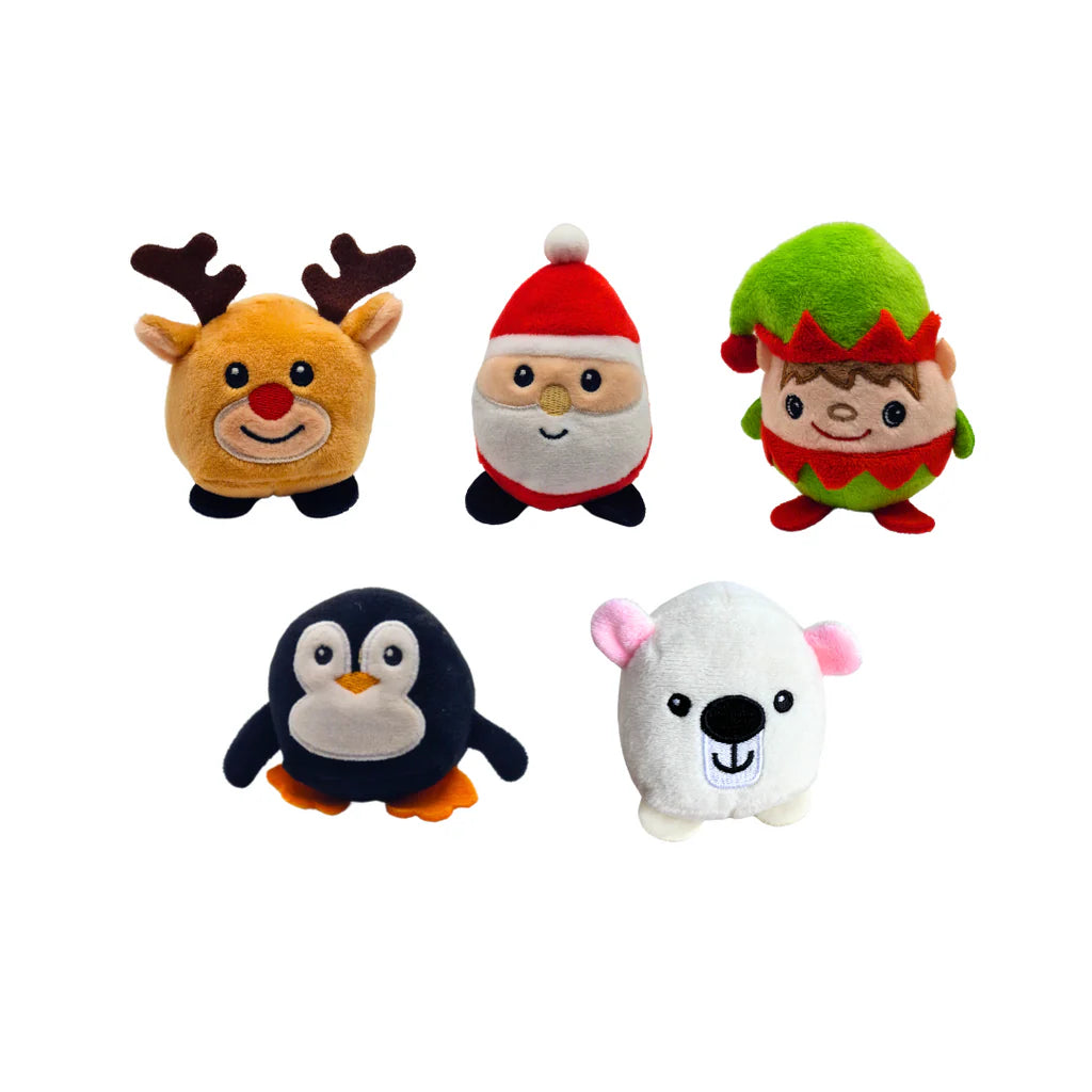Set of five Christmas-themed plush toys on a white background.