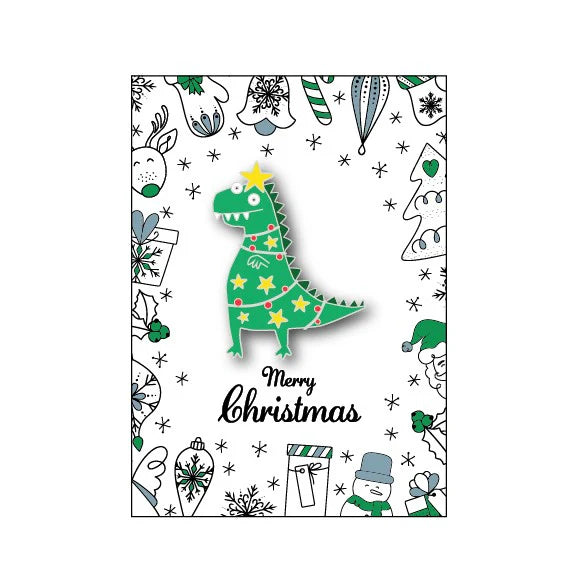 Christmas-themed badge with a dinosaur illustration and festive elements on a white background.