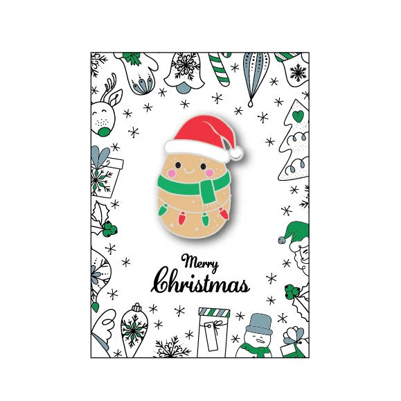Christmas-themed badge with a cute potato character wearing a Santa hat on a white background.