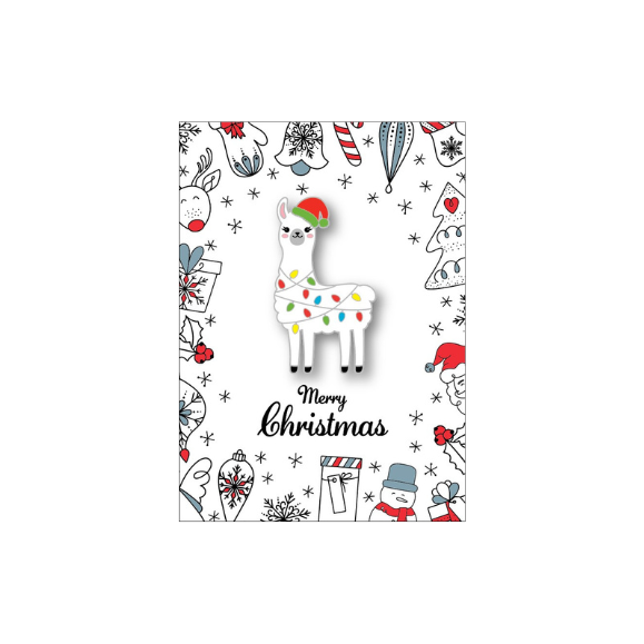 Christmas-themed badge with a llama, Santa hat, and festive decorations on a white background.