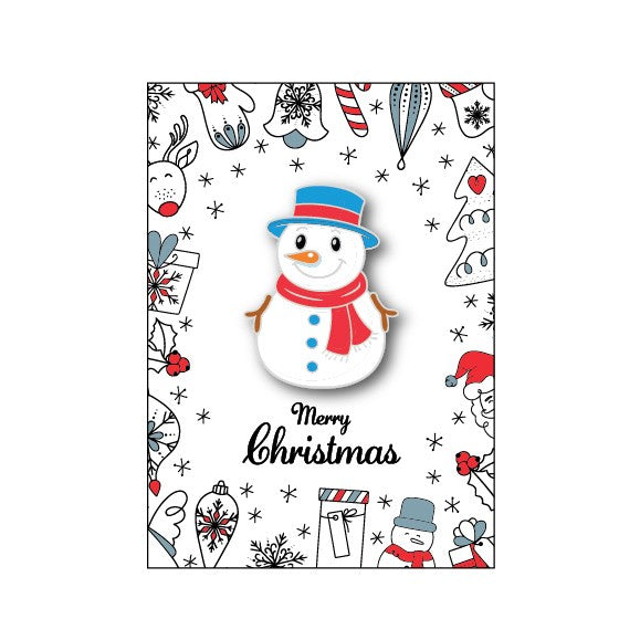 Christmas-themed badge with a snowman and festive illustrations on a white background.