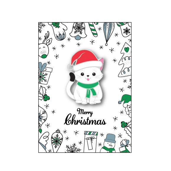 Christmas-themed badge with a cat wearing a Santa hat and green scarf, surrounded by festive illustrations.