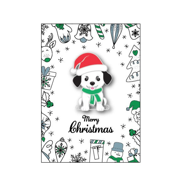 Christmas-themed badge with a dog wearing a Santa hat and scarf, surrounded by holiday illustrations.