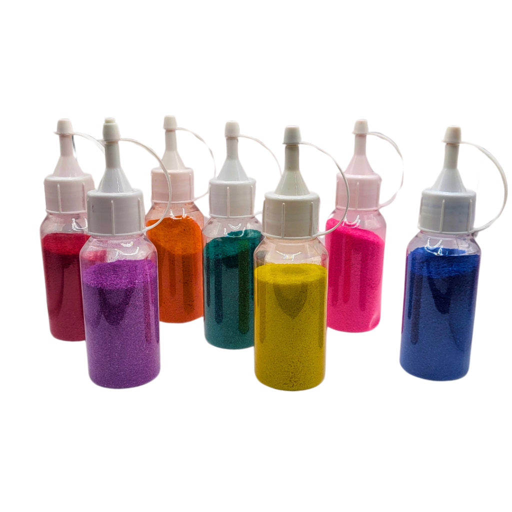 7 bottles of rangoli sand in red, purple, orange, green, yellow, pink and blue.