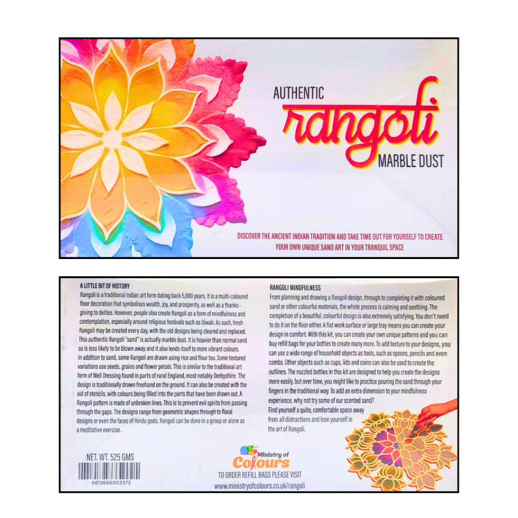 The front and back of a box that contains Rangoli Sand.