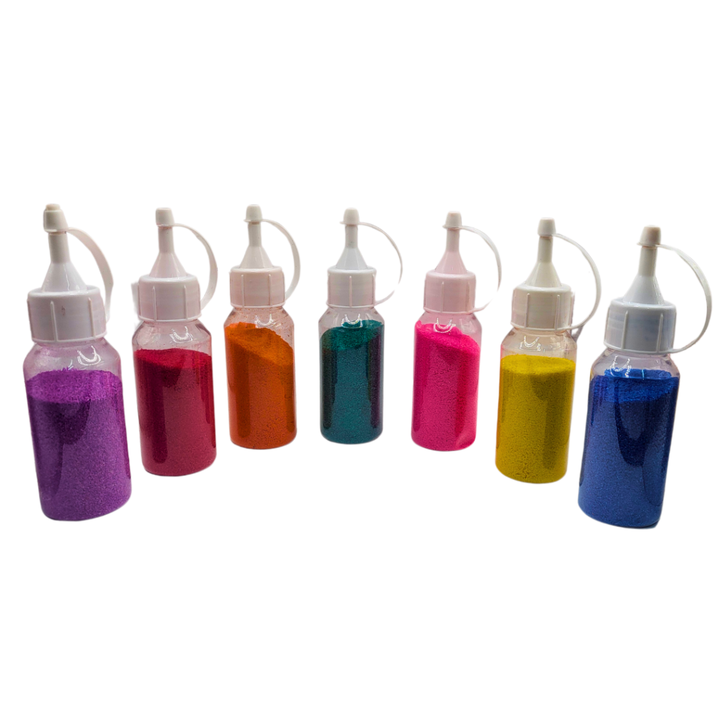 Coloured marble dust in 7 dispensers.