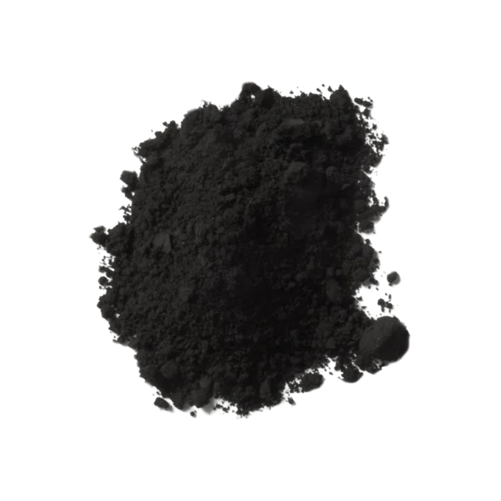 A pile of black colour powder against a white background.