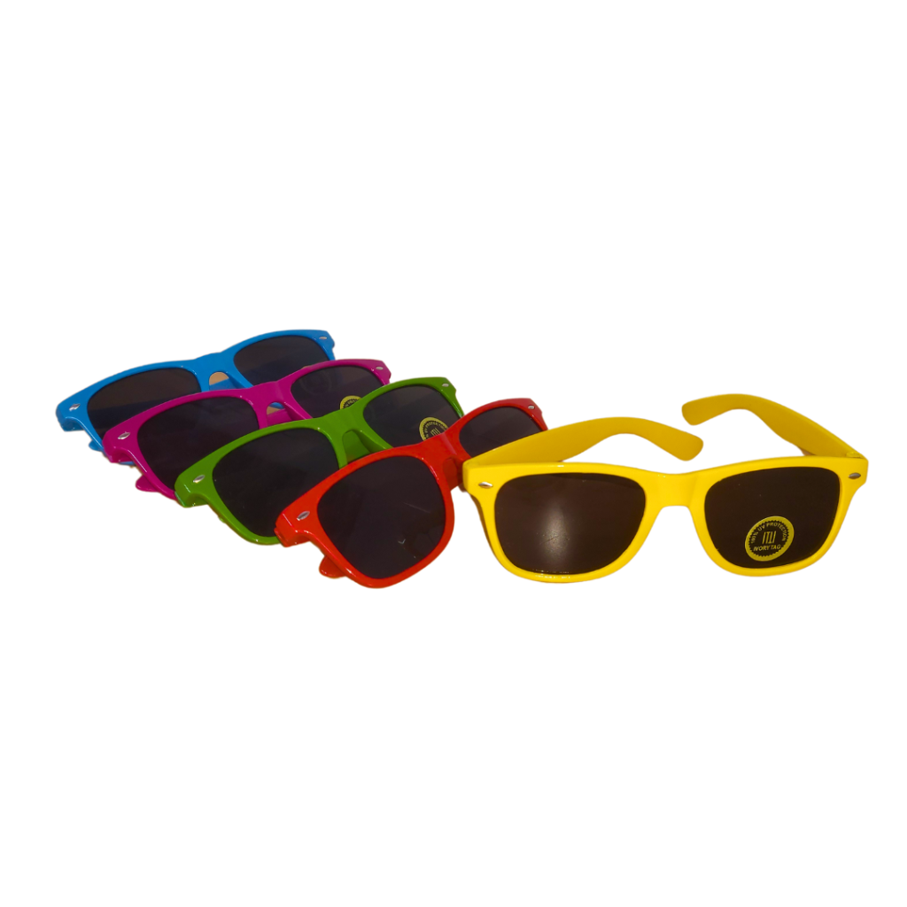 A range of blue, pink, green, red and yellow sunglasses.