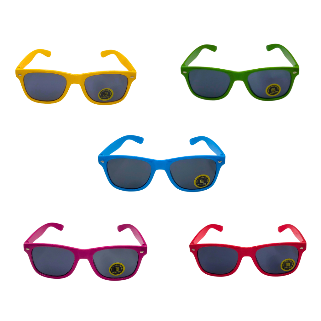 5 sunglasses in yellow, green, blue, pink and red.